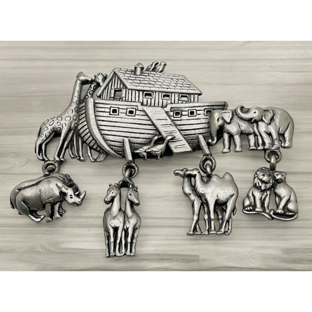 Silver Pewter Noah's Ark  Brooch Pin JJ Jonette Jewelry Animal Charms